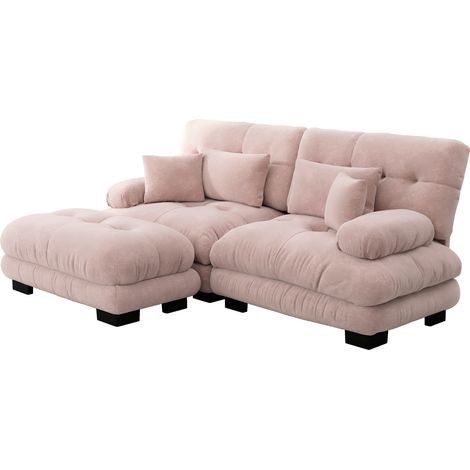 Divano angolare modulare in ciniglia rosa con 2 cuscini lombari, 2 cuscini decorativi e ottomano (1/5)