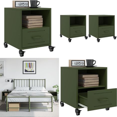 vidaXL Tables de chevet 2 pcs vert olive 36x39x43,5 cm acier (1/5)