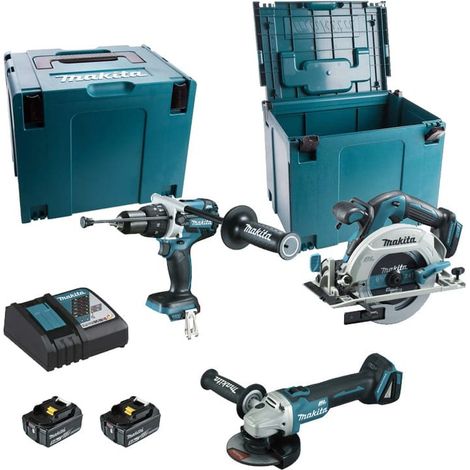 Set aus 3 Maschinen 18 V Li-Ion 5 Ah MAKITA Bohrmaschine DHP481 + Schleifmaschine DGA506 + Säge DHS680 - 2 Batterien, Ladegerät, Koffer - DLX3095PTJ (1/8)