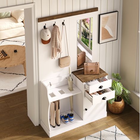 Recibidor con espejo 110.5x38x191 cm blanco y madera en tablero de partículas con cajones, puerta y perchero (1/5)