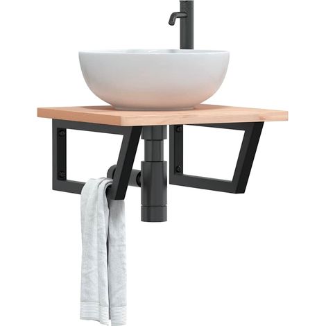 Étagère murale pour vasque en hêtre massif et acier noir, 50 x 50 cm, 2 supports - PANGIVO (1/5)