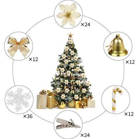 Ensemble de 120 décorations de Noël, fleurs, poinsettias artificiels avec nœuds, pinces, flocons de neige, cloches et petits tabourets pour la décoration du sapin de Noël et les fêtes de mariage (doré (1/4)