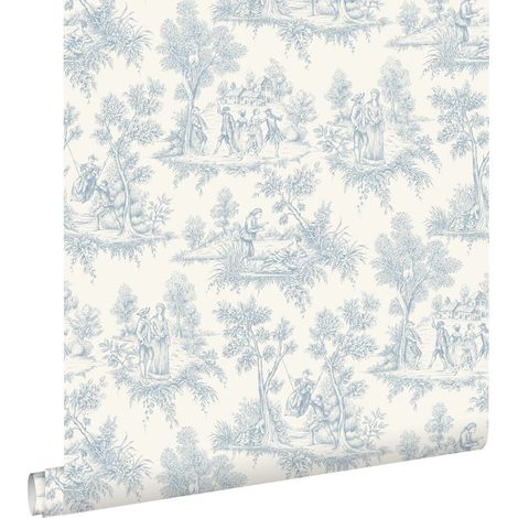 papier peint toile de jouy bleu clair - ESTAhome