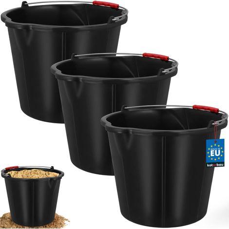 KOTARBAU® Lot de 3 Seau de Maçon 15 L - Seau de Chantier - avec Bec Verseur - PEHD - Seau à Mortier - Seau de Construction - Seau à Plâtre - avec Anse et Graduation - Rond - Noir (1/4)