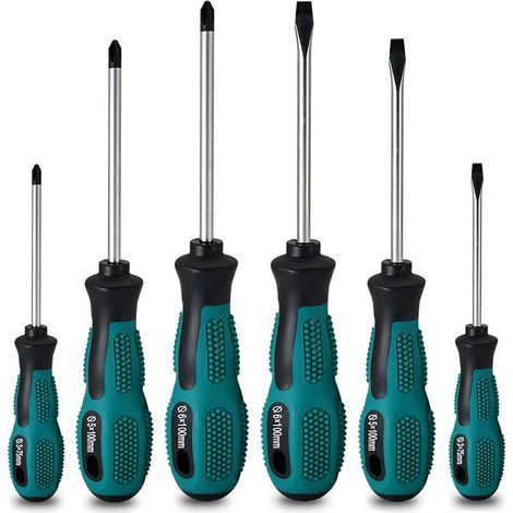 Ensemble de 6 tournevis magnétiques robustes en chrome vanadium, comprenant 3 tournevis plats et 3 tournevis cruciformes. (1/5)