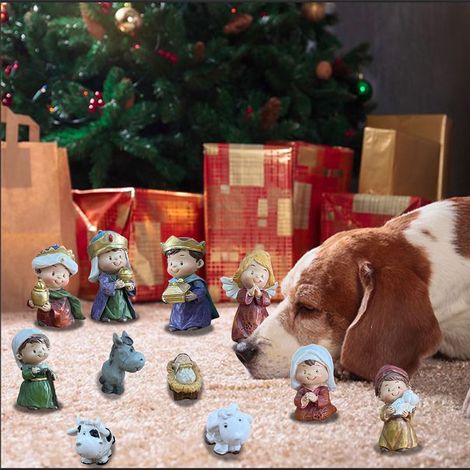 Crèche De Noël - Figurines En Résine Miniatures - Scène De La Nativité Avec Jésus Enfant Marie Joseph Animaux Et Anges - Décoration Intérieure Pour Fêtes - Lot De 11 Pièces (1/5)