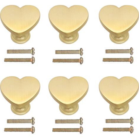 Boutons de meuble en alliage de zinc en forme de cœur doré - Lot de 6, poignées de tiroir dorées avec vis pour placard, cuisine et salle de bain (1/5)