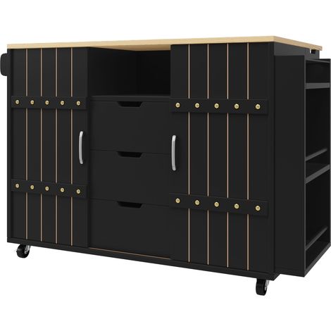 CAIziMeuble de cuisine, chariot de service effet bois, chariot de cuisine à roulettes avec plan de travail, chariot de cuisine avec étagère à épices et porte-serviettes, îlot de cuisine avec portes co