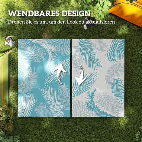 Tapis d'extérieur réversible 274x182cm bleu clair et blanc, solide et imperméable, livré avec housse de transport et piquets de fixation pour sol.