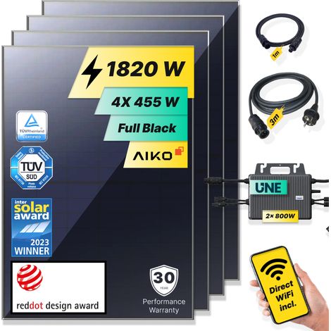 ROBINSUN®️ Kit Solar Enchufable Performance Basic (Sin Fijación) 1.820Wp, 4 paneles Aiko 455Wp + 2 Microinversores 800W con Wifi incluído + Cable 3m (1/5)
