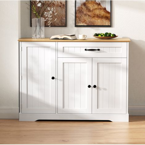 Aparador blanco/natural de MDF con 3 puertas y 1 cajón, estilo moderno escandinavo (1/5)