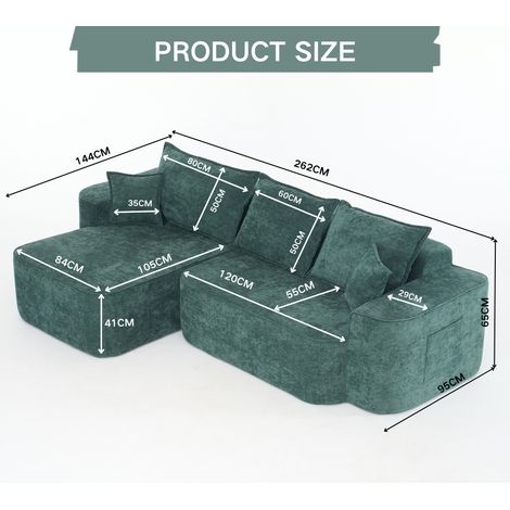 Canapé d’angle en forme de L « Cloud Canapé »,262cm avec chaise longue,siège bas XXL,sans montage,canapé modulaire en chenille verte pour le salon