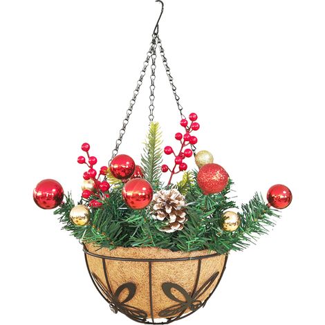 (30 cm Schmetterlings-Hängekorb) Weihnachtlicher Hängekorb aus Kokosfaser und Eisen mit Schnürung, dekorativer Blumenkorb, hängender Weihnachtskorb, Eisen + Kunststoff + Kokosfaser (Korb 30,5 x 14 cm, (1/2)