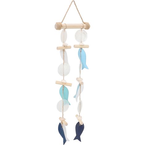 Carillon poisson décor océanique accroche murale bois massif corde chanvre coquille pour maison restaurant modèle 1 (1/5)