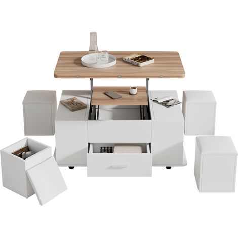 ELVMI Mesa de Centro Elevable con 1 Cajón, 4 Taburetes y Ruedas, para Salón, 100 x 50 x 45 cm, Blanca (1/5)