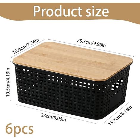 Boite de Rangement Avec Couvercle, Caisse de Rangement Avec Couvercle Effet Rotin PP, Pour Salle de Bain Cuisine Et Maison 23.2x10.7x18cm, Noir (1/4)