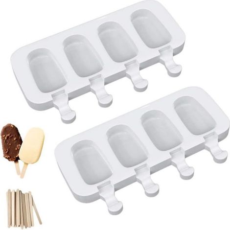 Eisform am Stiel – Ovale Silikonform mit 4 Mulden – Für Saft, Smoothies, Eiscreme, Wein – Mit 50 Holzstielen (1/5)