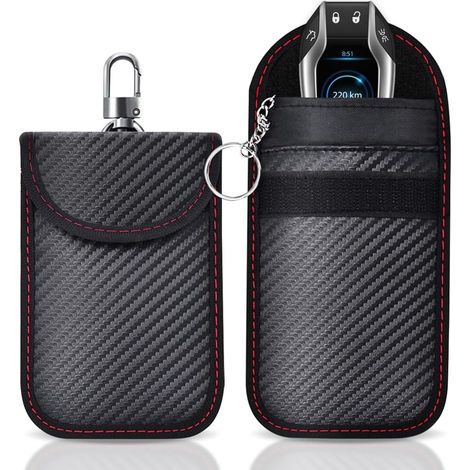 2 Etui Anti RFID Clé Voiture Pochette Faraday Similicuir Fibre De Carbone Protection Antivol Keyless