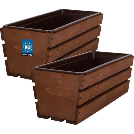 KOTARBAU® Lot de 2 Jardiniere Extérieur - Bac à Fleurs - avec Insert Plastique - Jardiniere Rectangulaire - 40x18x15 cm - pour Terrasse - Jardin - Décoration Extérieure - Marron (1/4)