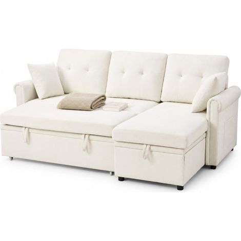 Sofá cama esquinero reversible con almacenaje en chenilla beige, 206 x 130 x 85 cm (1/5)