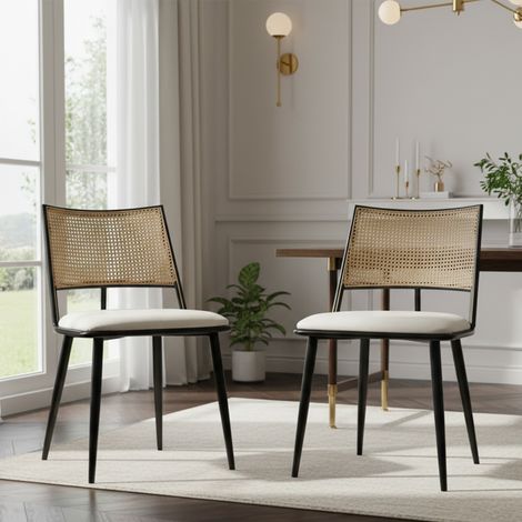 2 sillas de comedor, asiento de poliuretano, respaldo de ratán, para salón o dormitorio, color negro. (1/5)