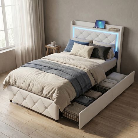 Letto con 2 cassetti 90x200, illuminazione LED e porte USB/Type-C, letto singolo, struttura letto imbottita in velluto, stile scandinavo, Beige