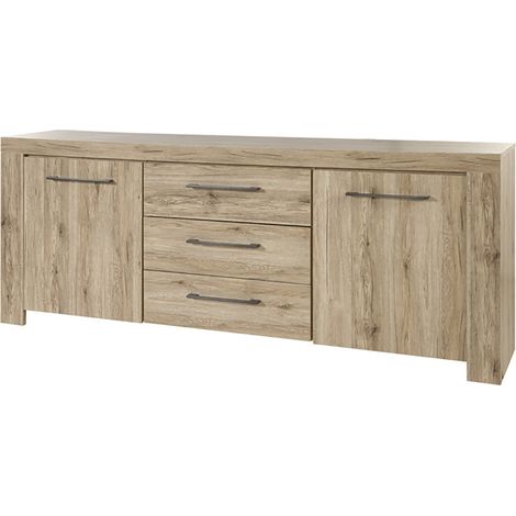 Altobuy – Buffet 2 portes 3 tiroirs décor chêne – Dimensions 220 x 45 x H85 cm – Structure panneaux de particules pour durabilité (1/4)