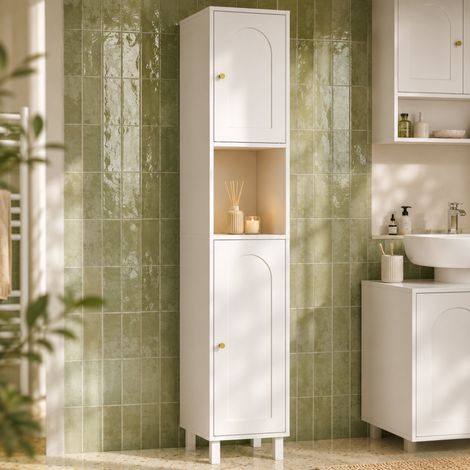 Armario de baño tipo columna ARSENE, 2 puertas y 1 nicho, madera blanca