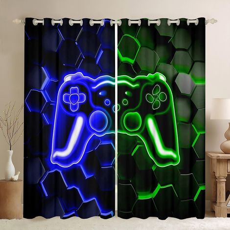 Rideau Occultant 117x137 cm Gamer, Rideau Neon Honeycomb Gaming, Rideaux Voilage Console de Jeux Vidéo, Voilage Fenetre Lumières Hexagonales Bleues Vertes pour Chambre Salon - 117L X 137H cm (2 Pannea (1/5)