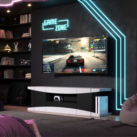 LevelUp meuble TV 1 porte, 1 tiroir, 3 étagères blanc mat, noir. (1/4)