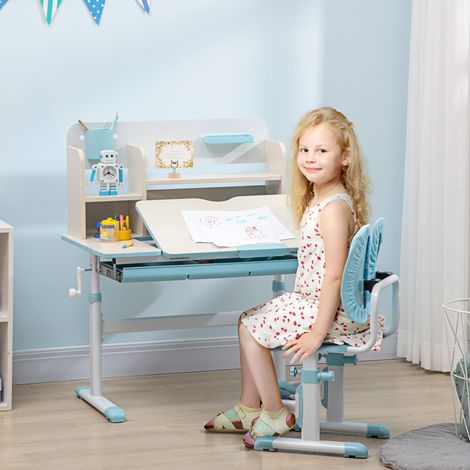 Ensemble bureau chaise enfants réglable plateau inclinable 0-60° 80x52x88-109 bleu (1/5)