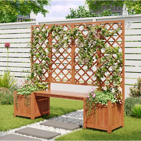 Jardinera con enrejado y banco 169x145x42 cm marrón en madera maciza de abeto para exterior (1/5)