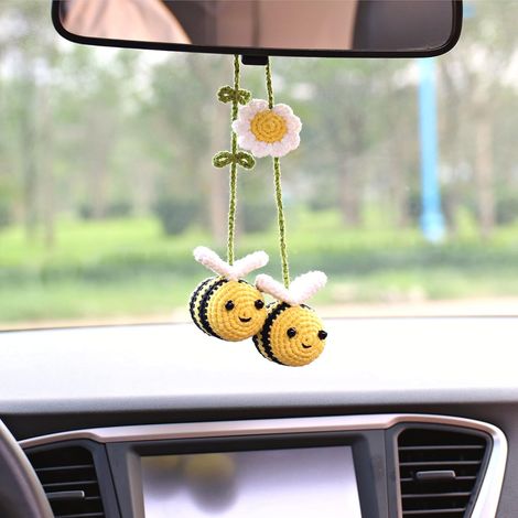 Support rétro voiture abeille lapin, pendentif déco, cadeau abeille, joli sac crochet, déco intérieure auto (1/5)
