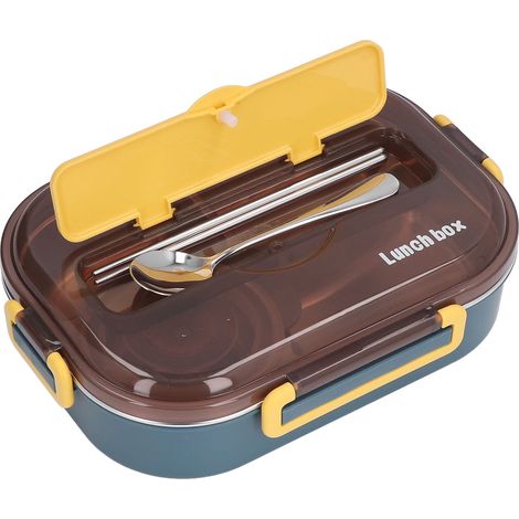 Auslaufsichere Lunchbox für Erwachsene und Kinder, tiefe Fächer, Edelstahl 316, isolierte Lunchbox mit 4 Fächern, blau und gelb + Suppenschüssel (1/5)