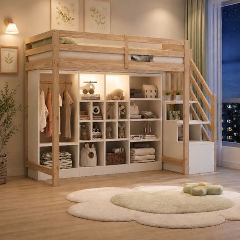 Hochbett 90x200 cm mit Schrank und Treppe, integrierter Stauraum und LED-Beleuchtung, platzsparendes Jugendbett aus Holz, Holzfarbe (1/5)