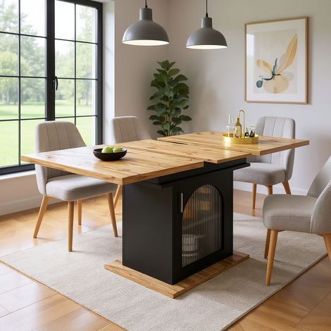 Table repas extensible 110-140 cm avec placard vitré noir et naturel (1/5)
