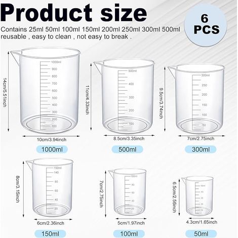 Verre Doseur Plastique - Verre 6 Pcs Transparent 50/100/150/250/500/1000ml Incassable Résistant à Chaleur Échelle Précise pour Mesures Quotidienne Laboratoire DIY (1/4)