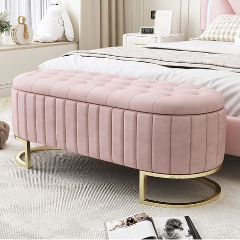 Panca contenitore in velluto rosa 120 x 39,9 x 43 cm imbottita con vano DESVIAE (1/5)