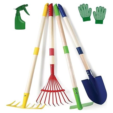 6 pièces d'outils de jardin pour enfants, 71 cm de métal grand chausson Râteau de fer à repasser Feuilles Râteau avec poignée en bois, canette d'arrosage, gants – pour les enfants jardin extérieur jar (1/5)