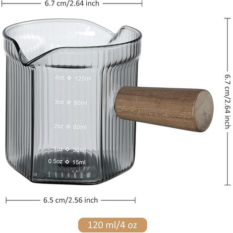Gris Verre Doseur Café Double Bec Poignée Bois, Petit Pichet Lait verre, Borosilicate Côtelée Tasse Mesurer Verre Cuisine,Verre Doseur Cocktail Gradué (1/4)