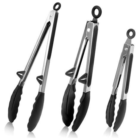 3 Pièces Pince de Cuisine Silicone, Pinces Cuisine Inox Résistant à la Chaleur, Embouts en Silicone sans BPA, Pince Barbecue, Pince Alimentaire Cuisine pour Barbecue, Salade, 20,5cm/27