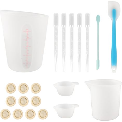 21 pièces kit de mesure en silicone bleu : gobelet doseur, spatule, gants doigts, pipettes pour mélange résine époxy et bricolage (1/5)