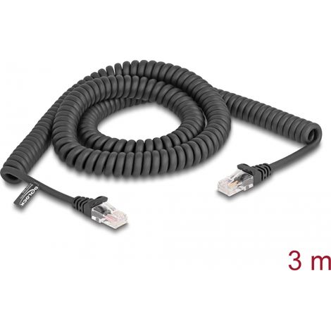 Delock Cable RJ45 en espiral, macho a macho, Cat.5e 3 m, negro