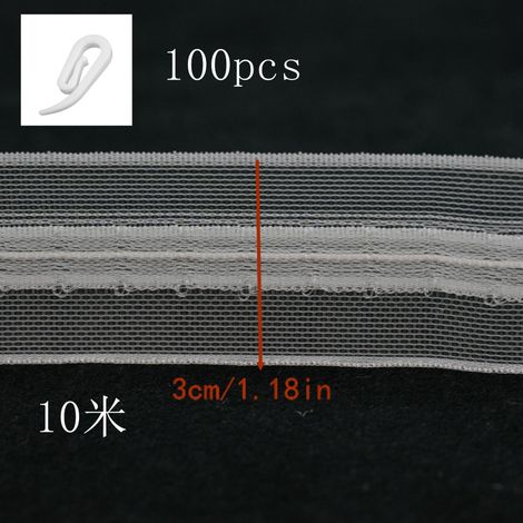 Set mit 10 Metern Gardinenband und 100 Wolkenhaken, auf Lager, Nylon-Gardinenband, 3 cm breites Verteilerband und Zubehör. (1/5)