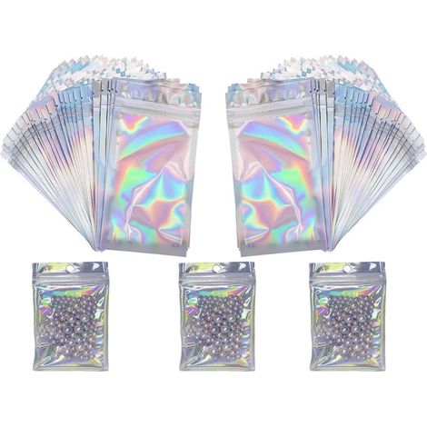 Lot de 100 sacs en mylar refermables, inodores, 10 × 7 cm, sacs holographiques, sacs à fermeture plate avec fermeture éclair pour ranger des cadeaux, sacs à bijoux (1/4)