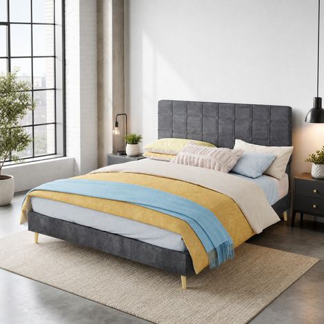 Letto matrimoniale 160x200 cm grigio in velluto con testiera imbottita trapuntata e piedi in legno (1/5)