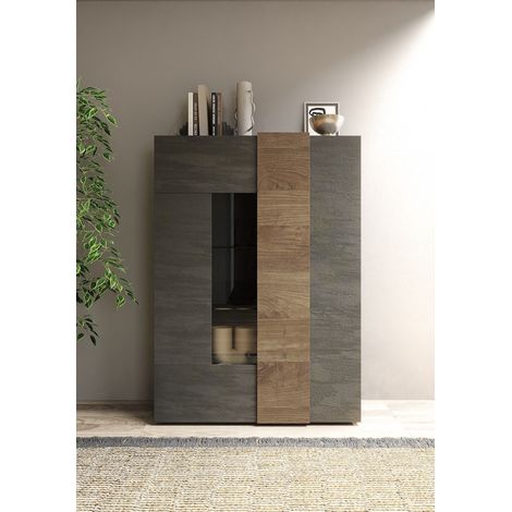 Azura Home Design – Vitrine 2 portes Titan/Mercury 121x169cm – Aggloméré 16mm – Verre trempé 3mm – Pieds noirs – Fabriqué en Italie