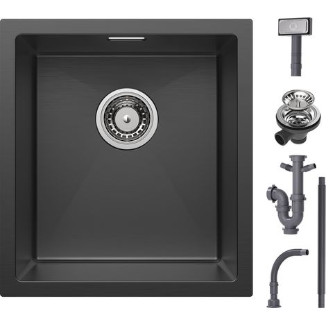 CECIPA fregadero de cocina fregadero empotrado 40 x 44 cm fregadero de acero inoxidable negro, se puede instalar en encimeras con una longitud de más de 50 cm, con 2 interfaces reservadas