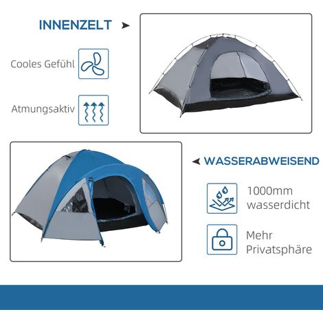 Tente de camping 4 places 3 saisons, 3,00 x 2,50 x 1,30 m, imperméable, bleu et gris, pour famille (1/4)