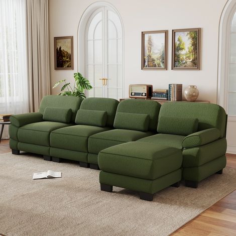 Canapé modulable d’angle 4 places 336x161x94 cm, pouf inclus, mousse haute densité, coussins lombaires, velours côtelé - Vert (1/5)